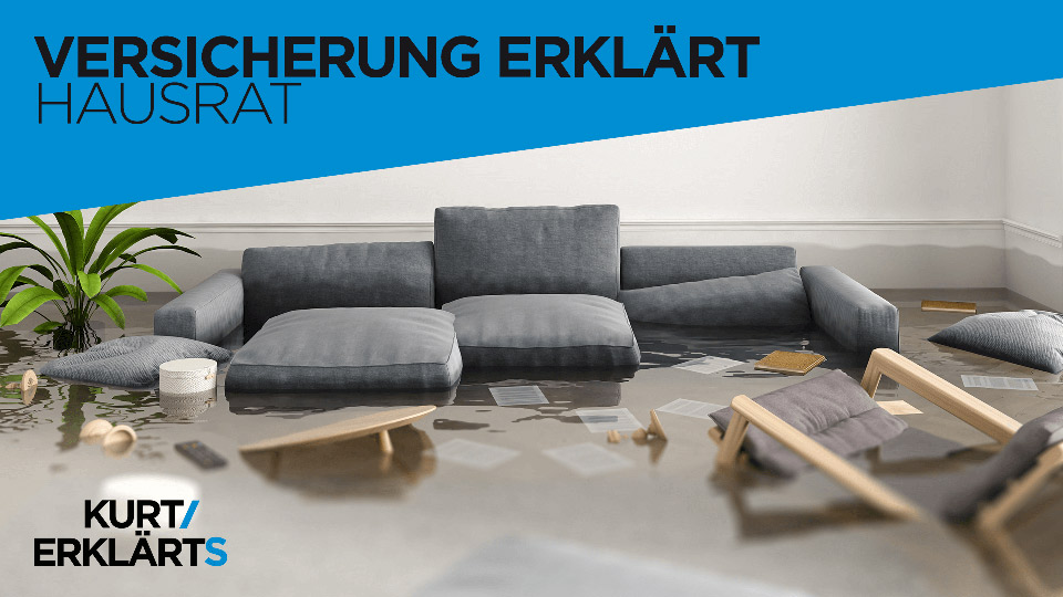 Kaputtes Sofa mit Text: Versicherung erklärt – Hausrat